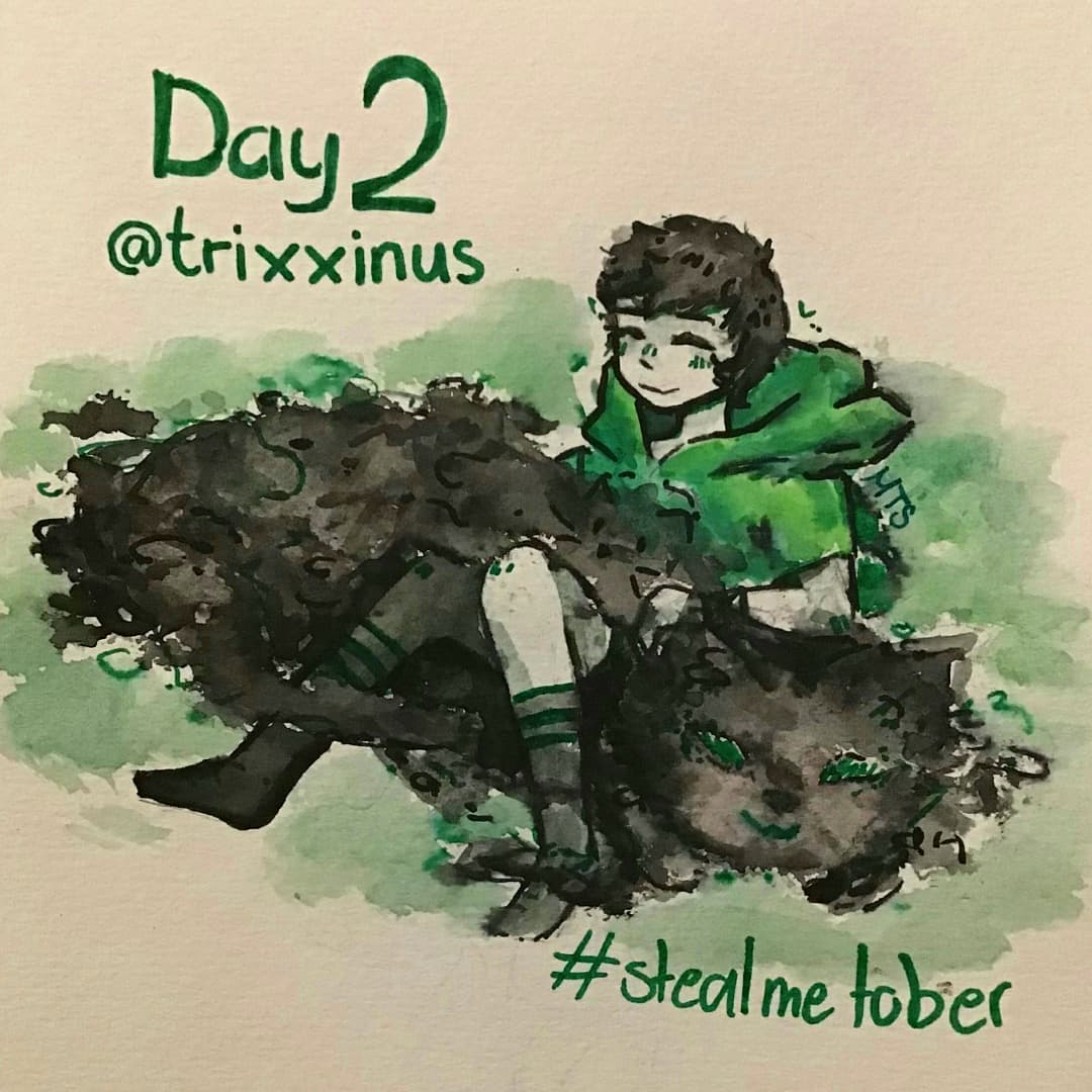 melo_nee's tweet photo. Day Two of #stealmetober ! 
This is the oc from @trixxinus, i have been forgetting to post on twitter my apology for that ^^"
(No TW! This time, just a boy and his giant shadowy cat out of fog)
_ https://t.co/5WSk6XdRWM