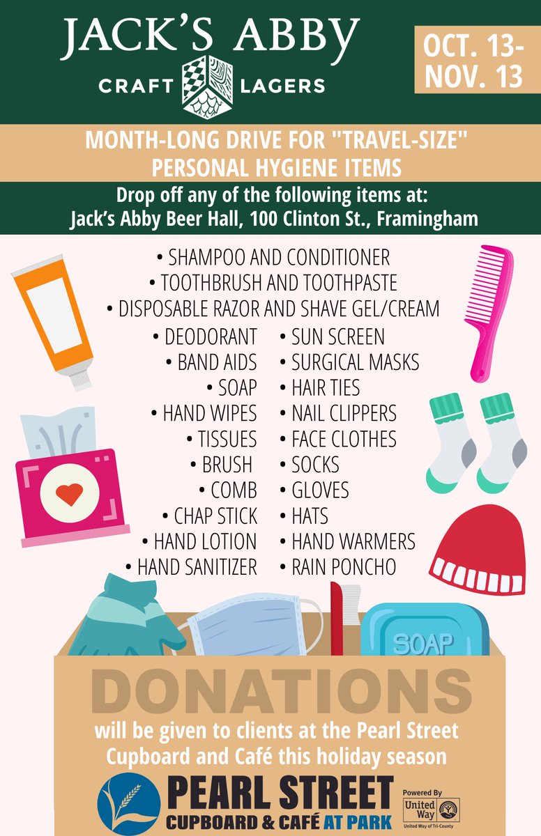 uwoftc's tweet photo. Our friends at @JacksAbby are hosting a month-long drive for "travel size" personal hygiene items &amp; we will distribute kits to our clients at the Pearl Street Cupboard &amp; Café this holiday season! Please donate now through 11/13 at their beer hall in #Framingham! https://t.co/vhIAPGTcxT
