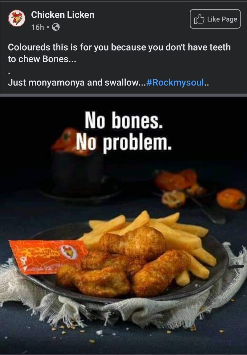 CastleLitePapi's tweet photo. @EFFSouthAfrica @CyrilRamaphosa @MYANC @AdvDali_Mpofu @Our_DA @jsteenhuisen 

Look, I found a racist! Or doesn't it matter if the act is against coloureds? #ChickenLickenRacists https://t.co/LHgnpOKa1O