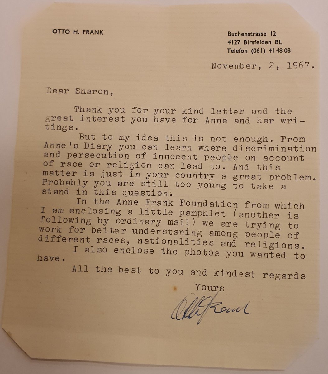 1/3 A letter from Otto Frank to Robin Sharon dated 2 November 1967 wherein he states the aims of the Anne Frank Foundation. He goes on to say that the apartheid policy in South Africa is a great problem which can be solved using the principles in Anne's writing.