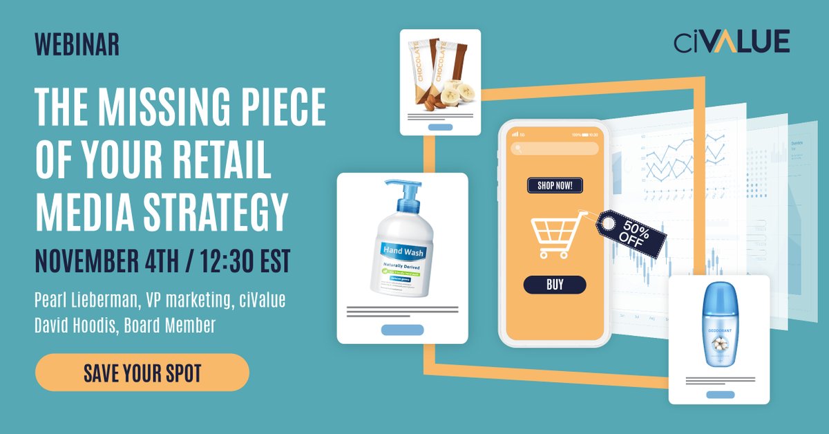 CivalueInfo's tweet image. [WEBINAR]: RETAIL MEDIA: WHAT&apos;S THE MISSING PIECE OF YOUR STRATEGY ?♟
Join our upcoming webinar to hear how you can transform media assets into a revenue-generating machine?
#retailmedia #mediamonetization #retailcollaboration 
us02web.zoom.us/webinar/regist…