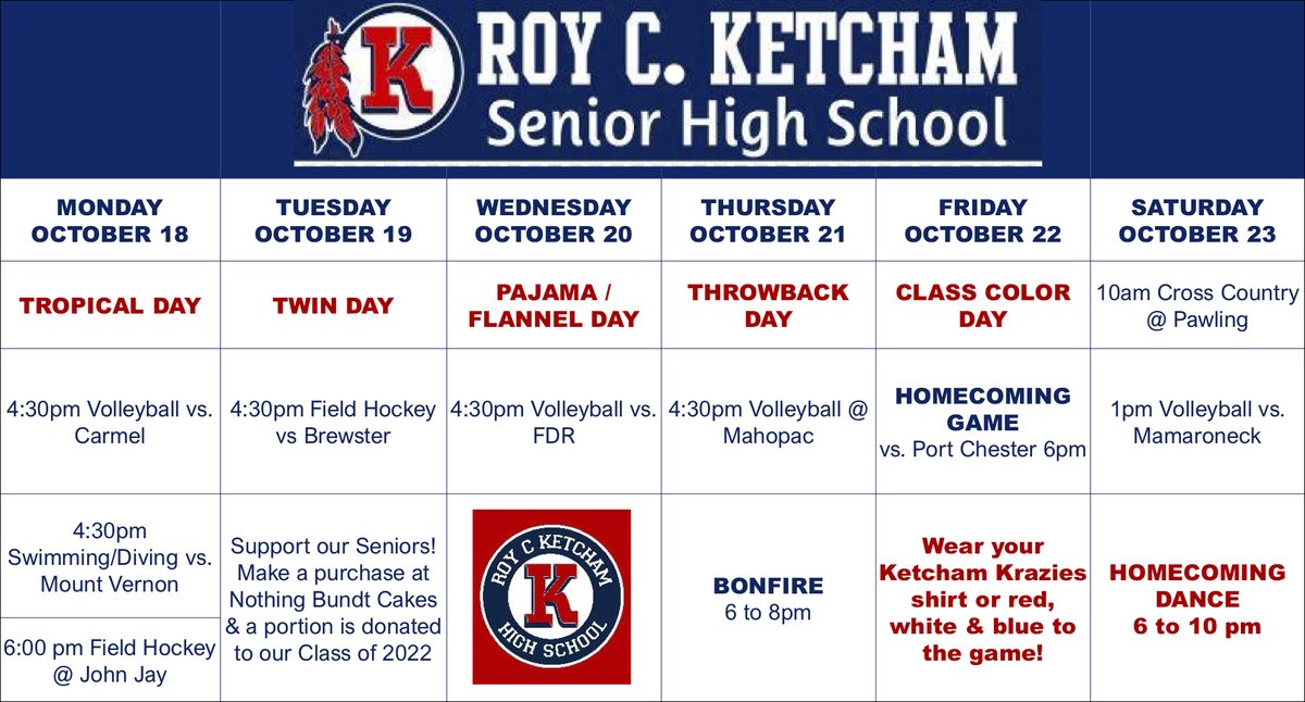 KetchamNation's tweet photo. Get Ready for RCK Spirit Week!
#spiritweek #ketchamnation #homecoming #fridaynightlights @drbonkwcsd @rckptsa @RckAthletics @WCSDEmpowers @WCSDAthletic @rck https://t.co/OuAVwA9Dnu