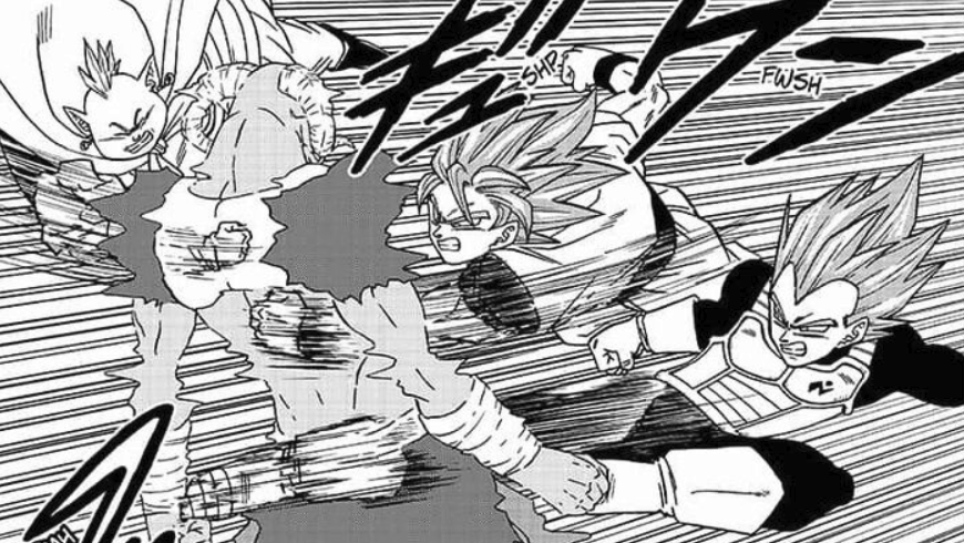 Dragon Ball Manga Panels Super Saiyan Blue Goku And Super Saiyan Blue Vegeta Along With The Aid Of The Dai Kaioshin Attack Moro Above Planet Namek Dragon Ball Super Manga