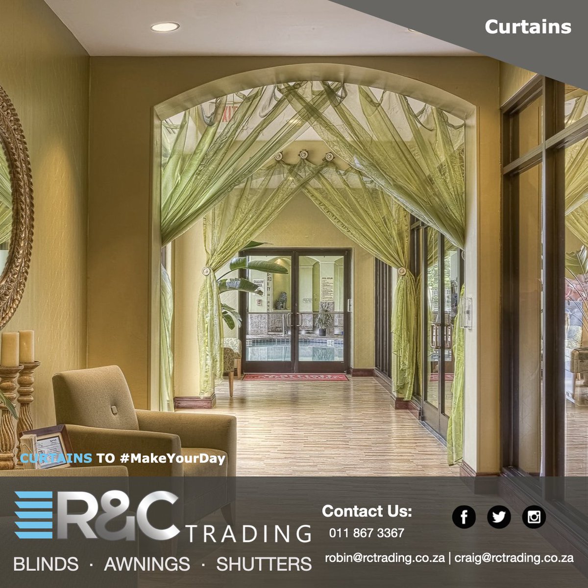 r_ctrading's tweet image. As specialists in curtains for your home or business, we often hear the phrase “I wish I called you earlier”..

Turn your windows and home into a masterpiece that speaks elegance with our team that is ready to #MakeYourDay

#RCTrading #designer #curtains