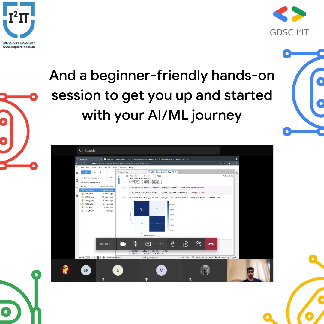 GdscI2it's tweet photo. Google Developers Student Club I2IT hosted a two day 'Know Your Domain ' event:
"🤖AI AND ML EDITION 🤖"
A special thanks to our speakers:
Yashowardhan Shinde 
Aryan Kenchappagol 
STAY TUNED FOR MORE SUCH EVENTS!💫
#Google  #MachineLearning  #ArtificialIntelligence  #python https://t.co/ZLAC6LRTI6