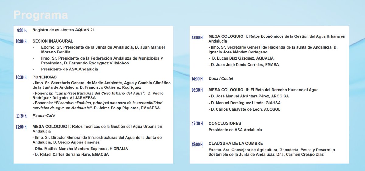 #AQUAN21 Vamos presentando el Programa de la Cumbre Empresarial del Sector del #Agua...
👉En el 1er bloque se desarrollarán las ponencias: "Las #Infraestructuras del Ciclo Urbano del Agua" y "El Cambio Climático, principal amenaza de la #sostenibilidad de los #servicios de agua"