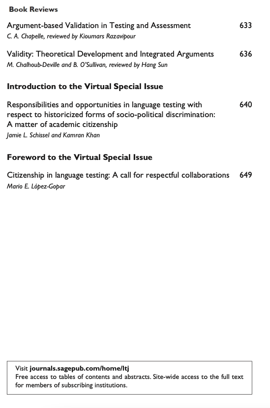LangTestJournal's tweet photo. Volume 38, Issue 4 is now available! This issue features six stellar articles, a special ILTA sponsored interview, two book reviews, and the content of the virtual special issue by @jlschissel and @securityling. https://t.co/BVbclA9XO8 https://t.co/KCDEvZikwv
