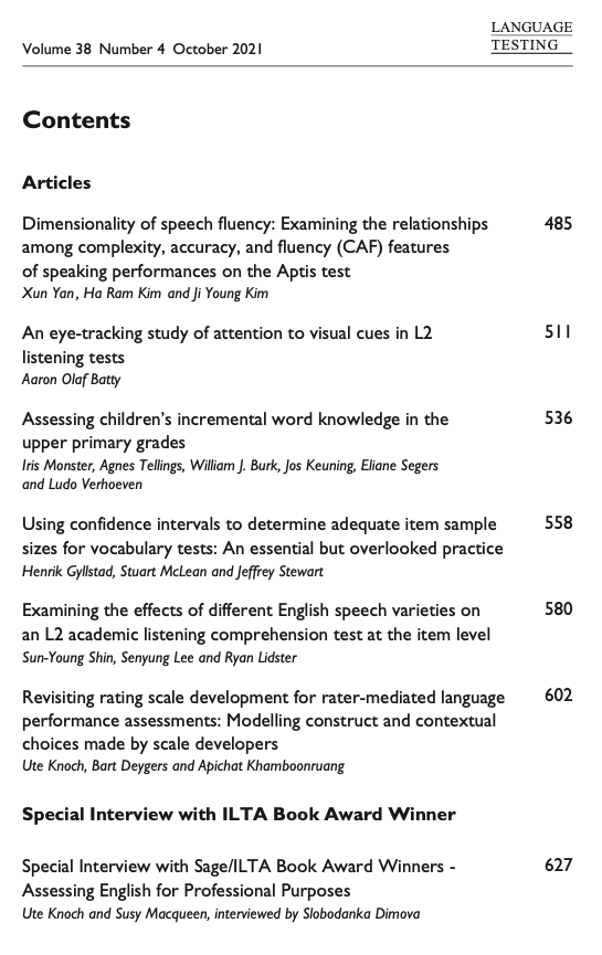 LangTestJournal's tweet photo. Volume 38, Issue 4 is now available! This issue features six stellar articles, a special ILTA sponsored interview, two book reviews, and the content of the virtual special issue by @jlschissel and @securityling. https://t.co/BVbclA9XO8 https://t.co/KCDEvZikwv