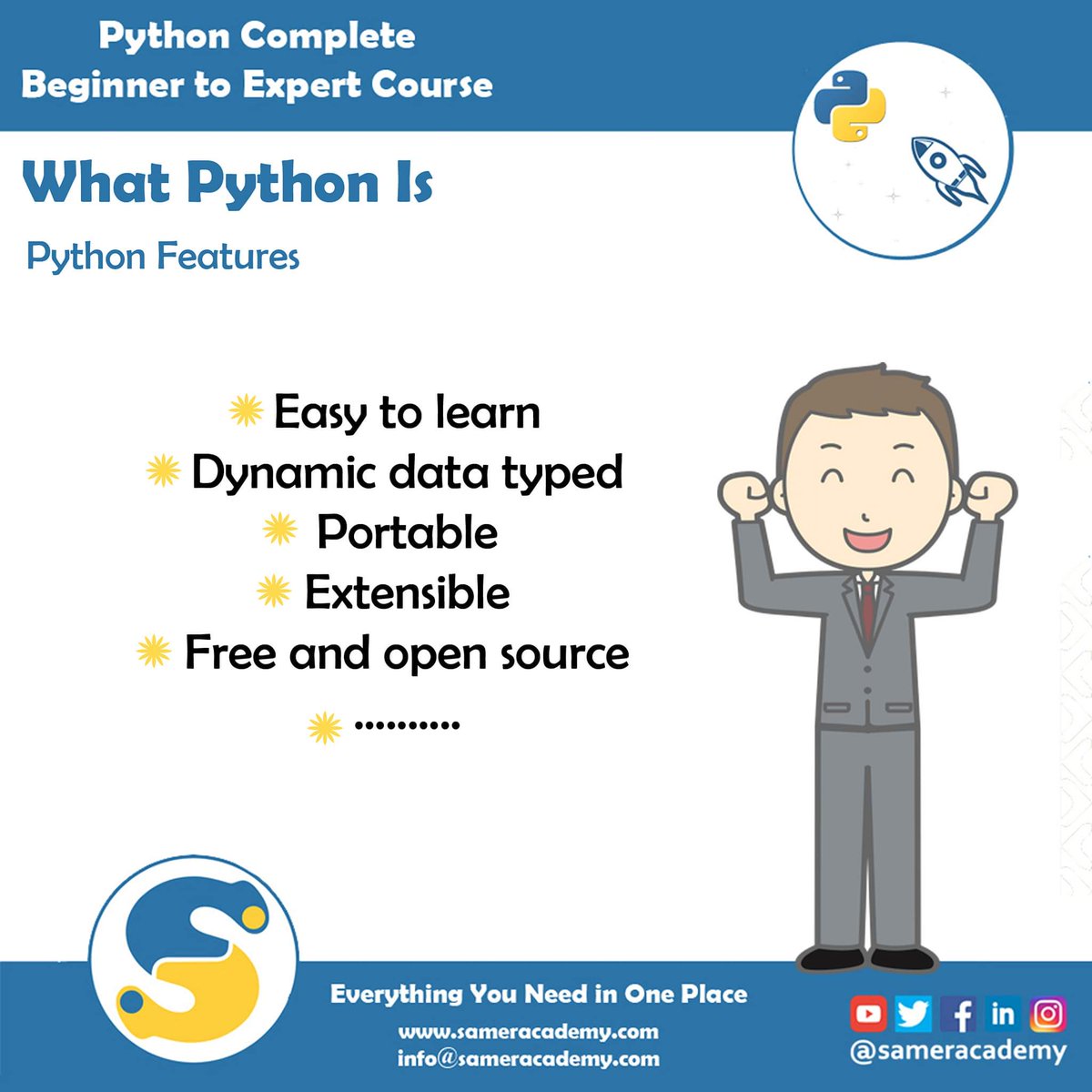sameracademy's tweet photo. What are Python features that make it the programming language number 1 in the world?🤔

👉To find more about Python. ..join us in "What Python Is" lecture
https://t.co/eRjolI49JX

#Samer_Academy
#Samer_Academy_Education
#Samer_Academy_Python https://t.co/VKUiDPnbuO