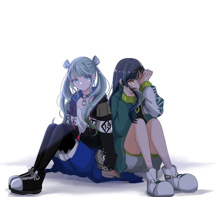 2girls multiple girls jacket sitting long hair twintails shorts  illustration images