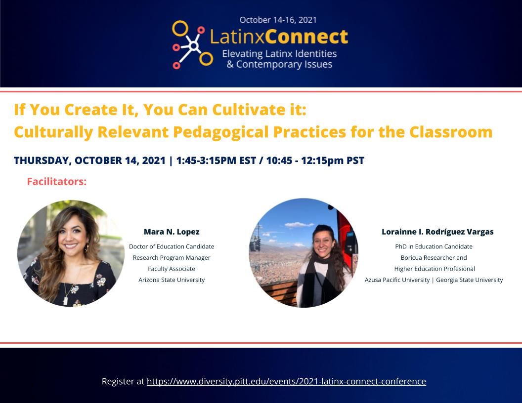 We are highlighting another amazing session with Mara Lopez and Lorainne Rodriguez Vargas. They will discuss culturally relevant pedagogical practices for the classroom.
There is still time to register!
#LHHM #latinxheritagemonth #hispanicheritagemonth #culturallyrelevantpedagogy