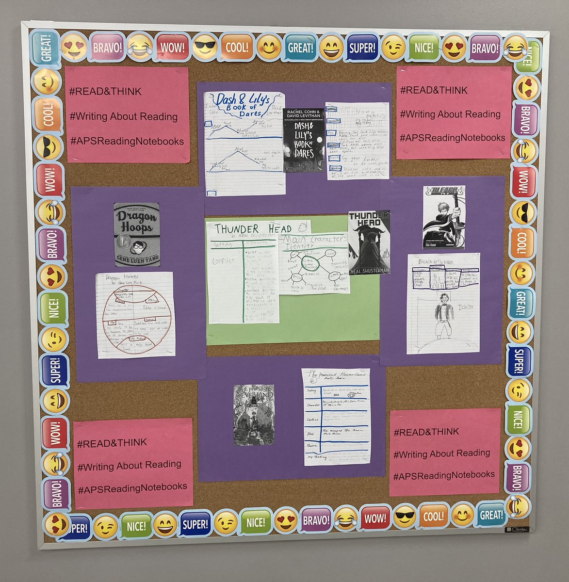 SallyDonnelly1's tweet photo. Students @DHMiddleAPS are reading and thinking and writing about their reading! Now some notebook entries are outside the library to encourage more reading! #readthinkwrite
#APSReadingNotebook
#WritingAboutReading https://t.co/RyJmS8aBJG