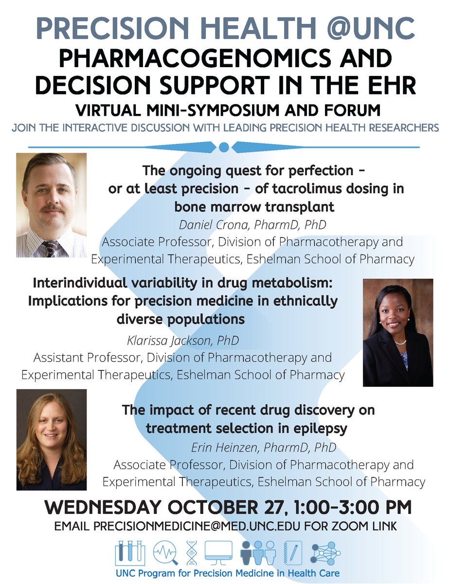 DPET@UNC Pharmacy (@unc_dpet) on Twitter photo The UNC Program for Precision Medicine in Health Care (PPMH) will present Pharmacogenomics and Decision Support in the EHR, a free virtual mini-symposium from 1:00-3:00pm on Wednesday October 27. Email precisionmedicine@med.unc.edu to register. #DPET #precisionmedicine The UNC Program for Precision Medicine in Health Care (PPMH) will present Pharmacogenomics and Decision Support in the EHR, a free virtual mini-symposium from 1:00-3:00pm on Wednesday October 27. Email precisionmedicine@med.unc.edu to register. #DPET #precisionmedicine