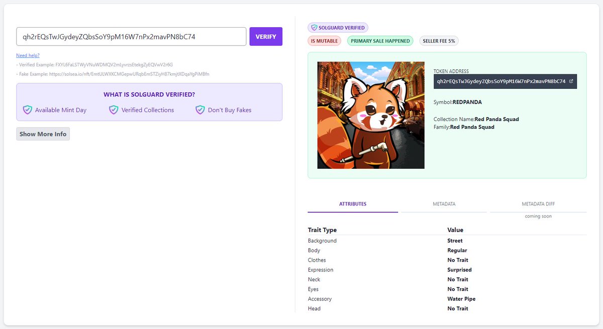 Thanks <a href="/solguard_io/">SolGuard</a> for listing us on solguard.io and providing this tool!🦾

You can enter any red panda token address to verify if it is a legit Red Panda NFT!✅