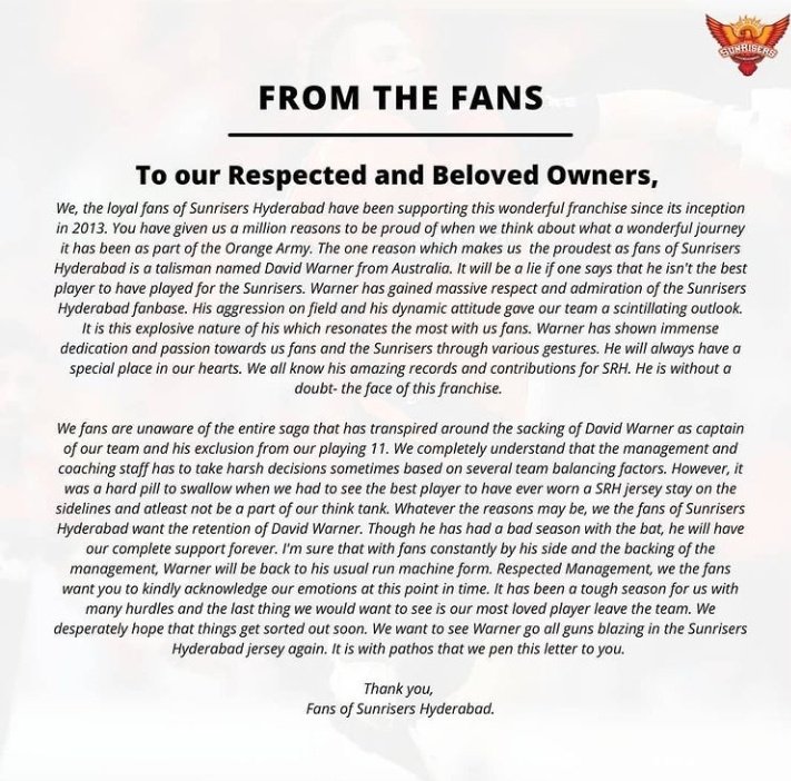Iamthehighway44's tweet photo. #NoWarnerNoSRH @davidwarner31 @SunRisers consider a fan request ..!!! https://t.co/ZzUV5lMcx8