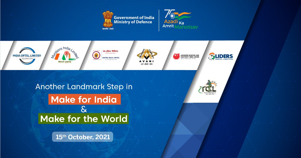 Another Landmark step in #Defence Manufacturing 

Make for India &amp; Make For the World 

7 New Defence companies will be dedicated to the Nation on 15 Oct 2021

Join the live stream via the following link:bit.ly/3oYvjyw

#AatmanirbharDefence
#HistoricDefReform