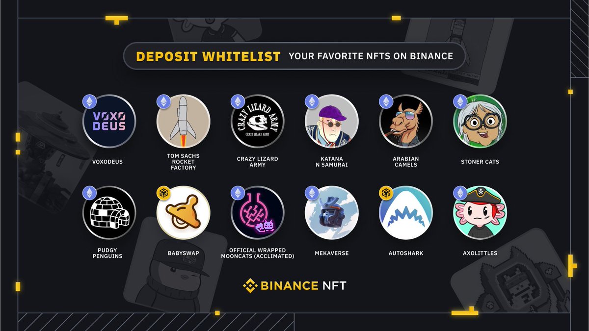Dear Binancians,

We have added even more fantastic NFT Projects to our deposit feature list!

Including:

<a href="/ArabianCamels/">Arabian Camels</a>
<a href="/voxodeus/">VoxoDeus</a>
<a href="/AxolittlesNFT/">Axolittles ✨</a>
<a href="/babyswap_bsc/">BabySwap</a>
<a href="/stonercatstv/">Stoner Cats</a>
<a href="/CrazyLizardArmy/">Crazy Lizard Army</a>
<a href="/AutoSharkFin/">autosharkfin</a>
<a href="/ponderware/">ponderware</a>
<a href="/tsrocketfactory/">Tom Sachs: Rocket Factory</a>
<a href="/Pudgy_Penguins/">The Huddle</a>
<a href="/KatanaNSamurai/">KatanaNSamurai</a>
<a href="/MekaVerse/">MekaVerse</a>