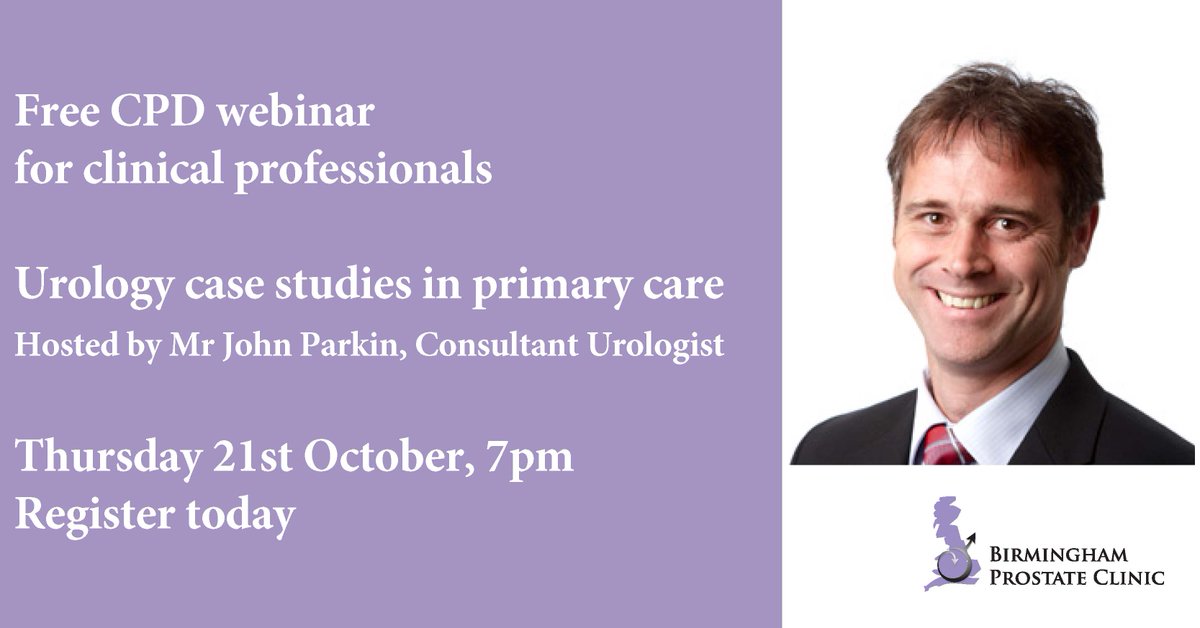 Mr John Parkin, Consultant Urologist, invites clinical professionals to join him on Thursday 21st October at 7pm for a free webinar where he'll be providing advice on managing patients presenting with urological symptoms in primary care. Register today: genesiscare.zoom.us/webinar/regist…