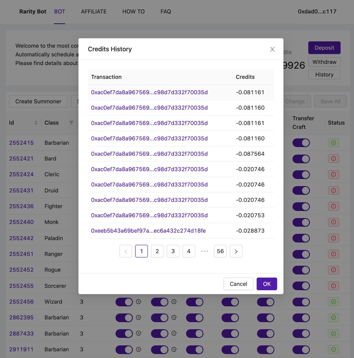 0xRarityBot's tweet photo. New feature: You can now easily check and monitor all credits charges by the executed tasks in https://t.co/Sfbre9gd7U #raritytools #raritygame #raritybot https://t.co/htcuI3vf5B