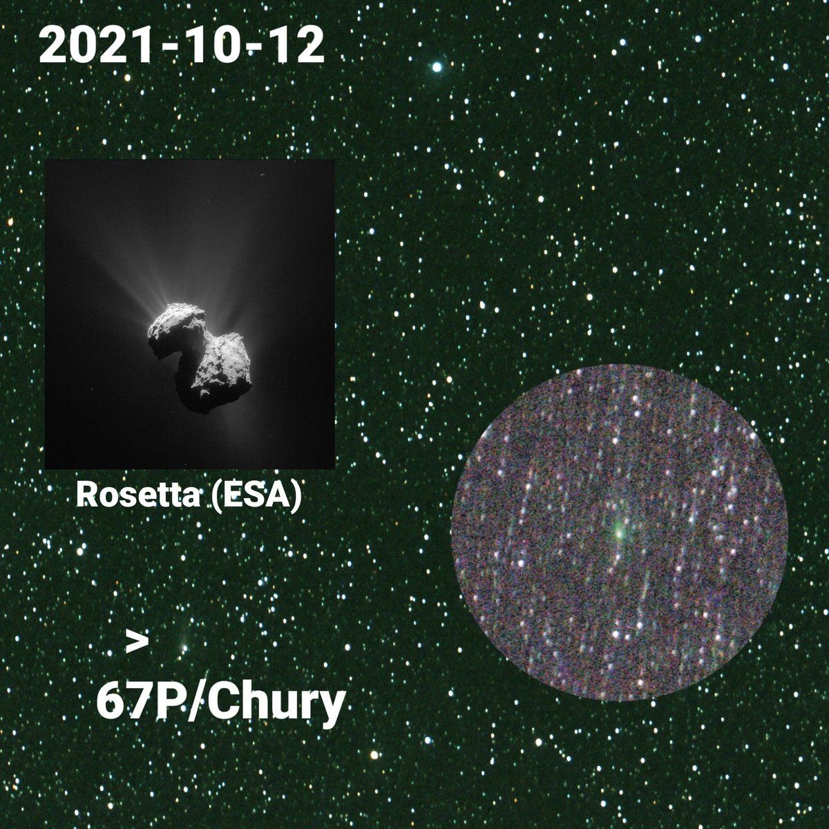 hoyenelcosmos's tweet photo. Hace dos noches pude capturar apenas a 67P/Churyumov–Gerasimenko, mejor conocido como #Chury. De 2014 a 2016 @ESA_Rosetta lo orbitó y estudió a fondo, siendo una de las misiones más impresionantes en lo que va del siglo. Me hace mucha ilusión haberle tomado una foto a todo eso. https://t.co/b58yZoPgUO