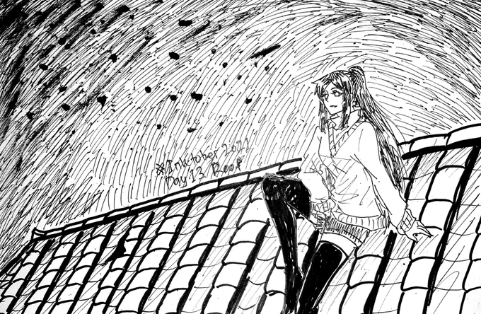 Inktober2021Day 13 "Roof"Original character aka my persona.#inktober #inktober2021 #oc #FANART Idk what am I drawing tho, the sky is the mistake  