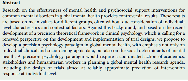 Moving beyond a ‘one-size-fits-all’ rationale in #globalmentalhealth: prospects of a precision #psychology paradigm cup.org/2YM7yi4 @pimcuijpers @CerenAcarturk #MentalHealthForAll #EpiPsychSci #MentalHealthMatters #globalhealth