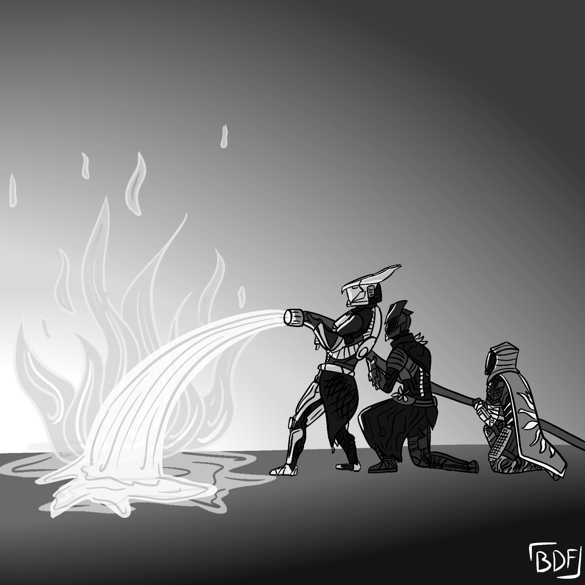 Blingadingaflin's tweet photo. Sorry it’s a bit late, was out of town and couldn’t upload. Here’s day 8 #destinytober2021 with Firefight. I decided to make all my characters fighting the mega sunspot my Titan made. #Destiny2Art #Destiny2 #Destinytober https://t.co/i0tVLHfKtR