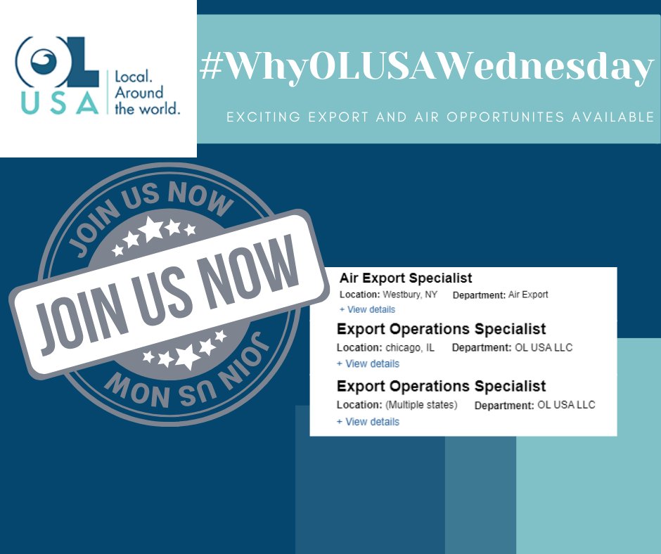OLOGUSA's tweet photo. #WhyOLUSAWednesday
Because of our opportunites to expand your knowledge and experience within export operations! We are currently hiring for an Air Export Specialist and an Ocean Export Operations Specialist.
https://t.co/mr2LCH0eOt
#hiring #airexport #exportoperations #remote https://t.co/EyPiGK4ETm