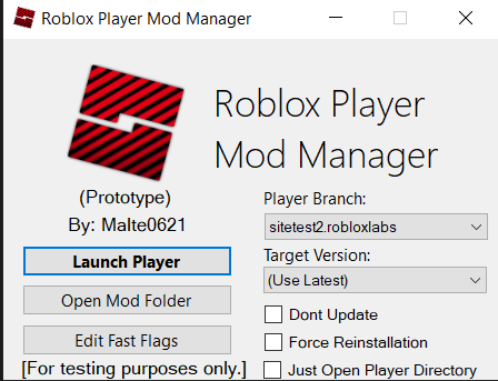 GitHub - Malte0621/Roblox-Player-Mod-Manager: An open-source custom  bootstrapper for Roblox Player that allows you to override files in Roblox  Player's directory, opt into development branches of Roblox, and experiment  with Fast Flags. Based