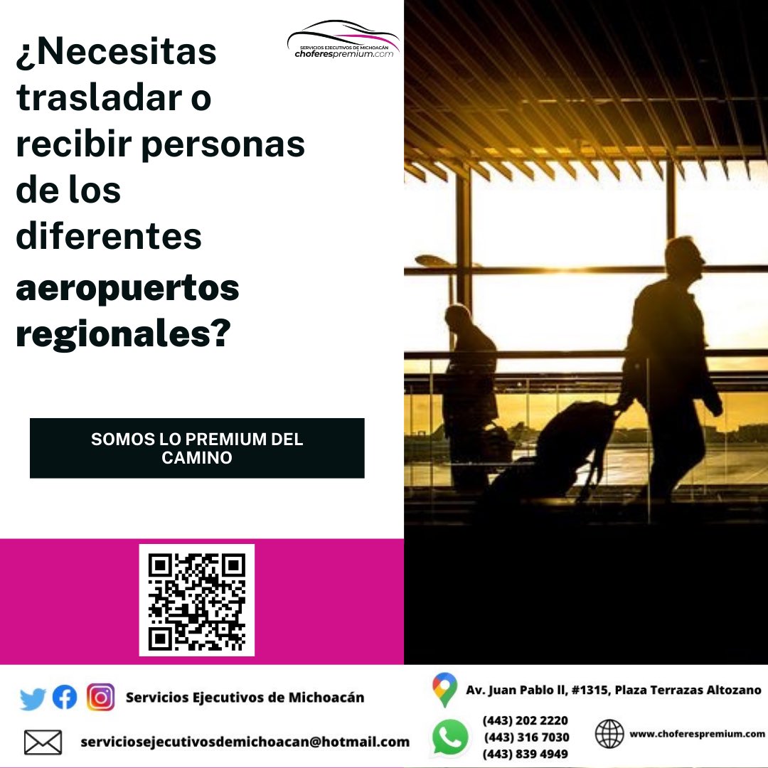 ServiciosEjecMi's tweet photo. ¿Necesitas trasladar o recibir personas de los diferentes aeropuertos regionales?
#serviciosejecutivos #rentadevehículos #rentadechofer #calidadpremium #transporteprivado #viajes #cochesdelujo #choferdesignado #travelmichoacán #toursmichoacán #followme #followxfollow https://t.co/tMAqhJo4LO