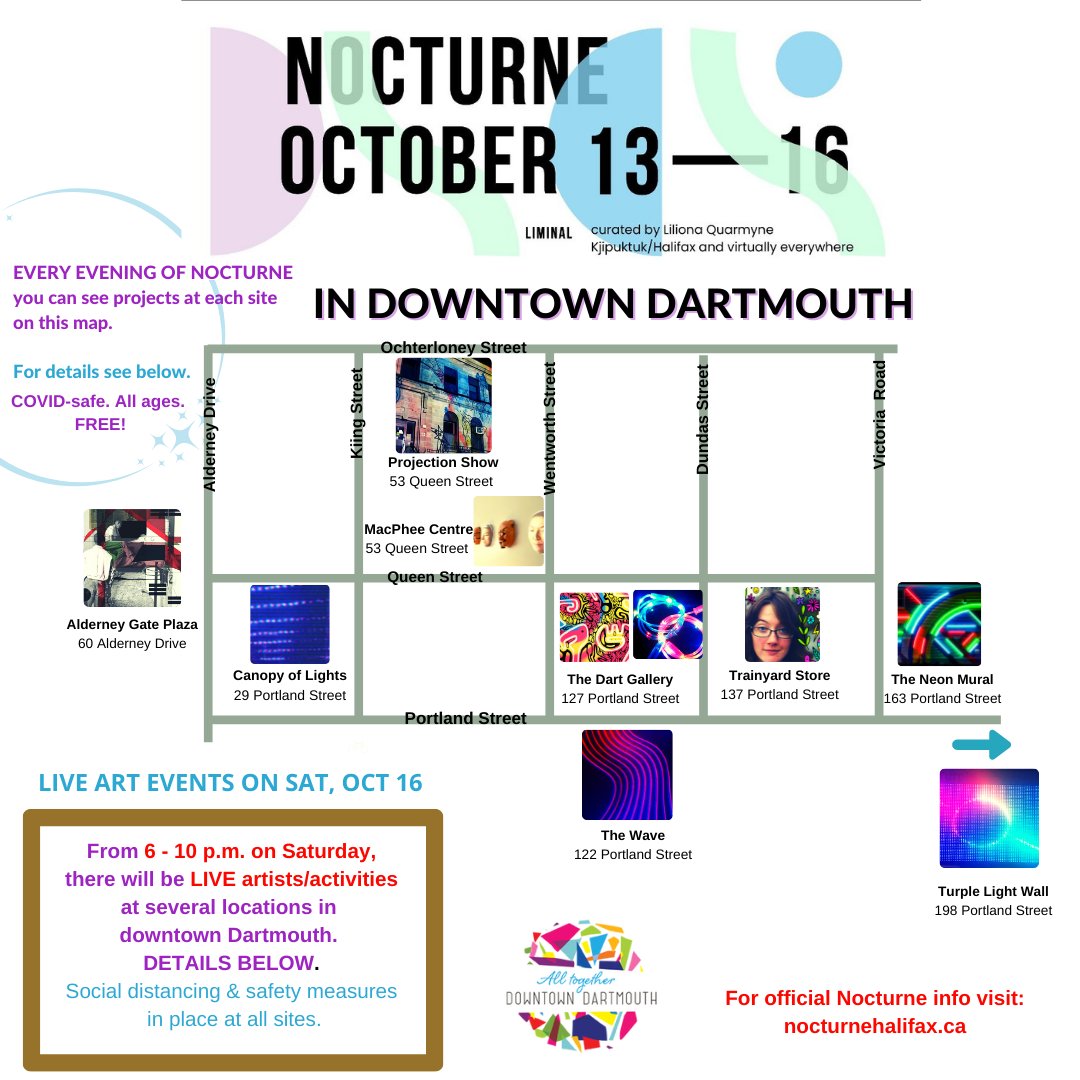 NOCTURNE STARTS TODAY!!! here's a map of projects in downtown Dartmouth that you can see Oct 13-16.  On Saturday, 6-10 pm, there are also LIVE ART EVENTS.
downtowndartmouth.ca/pages/copy-of-…