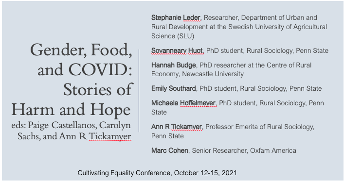 GearePsu's tweet photo. Happening now! Authors share from forthcoming book on Gender, Food, and COVID at the #CultivatingEquality21 Conference. https://t.co/0fpaFGsjYR https://t.co/XjBFf4s3kk