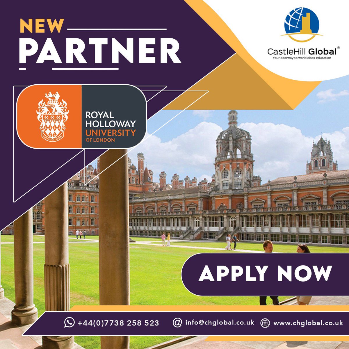 CastleH_Global's tweet photo. New Partner Alert! We are now partnered with Royal Holloway, University of London! 🎉💂🏻‍♀️🇬🇧
.
If you are interested we help apply for you!
Email: Info@chglobal.co.uk 📧
WhatsApp: +44 (0)7738948778 📱
.
 #RoyalHolloway #InternationalStudents #YourDoorwayToWorldClassEducation https://t.co/NZM6AgYn1e
