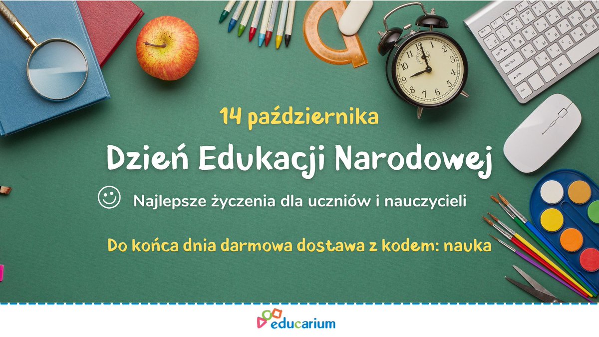 educariumPL's tweet photo. 🎉 Dzisiaj świętujemy Dzień Edukacji Narodowej! ‍👨‍🏫👩‍🎓  Wszystkim uczniom i nauczycielom składamy najserdeczniejsze życzenia, wielu inspirujących zajęć i pasji w przekazywaniu wiedzy.

🎓 Do końca dnia z kodem: NAUKA możecie skorzystać z darmowej dostawy w https://t.co/fWC4FjxSb5 https://t.co/J5ChGDSrjk