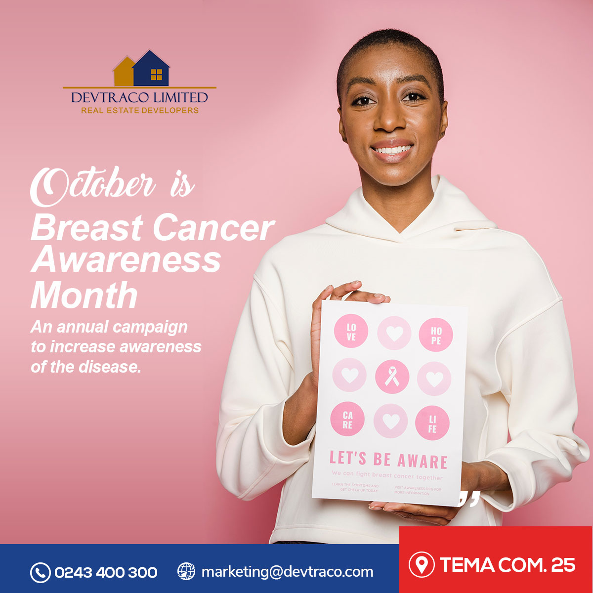 DevtracoLimited's tweet image. Let us be aware. 

#BreastCancerAwareness #DevtracoLimited #DevtracoCourts #GhanaRealEstate #RealEstateGhana #NoBraDay