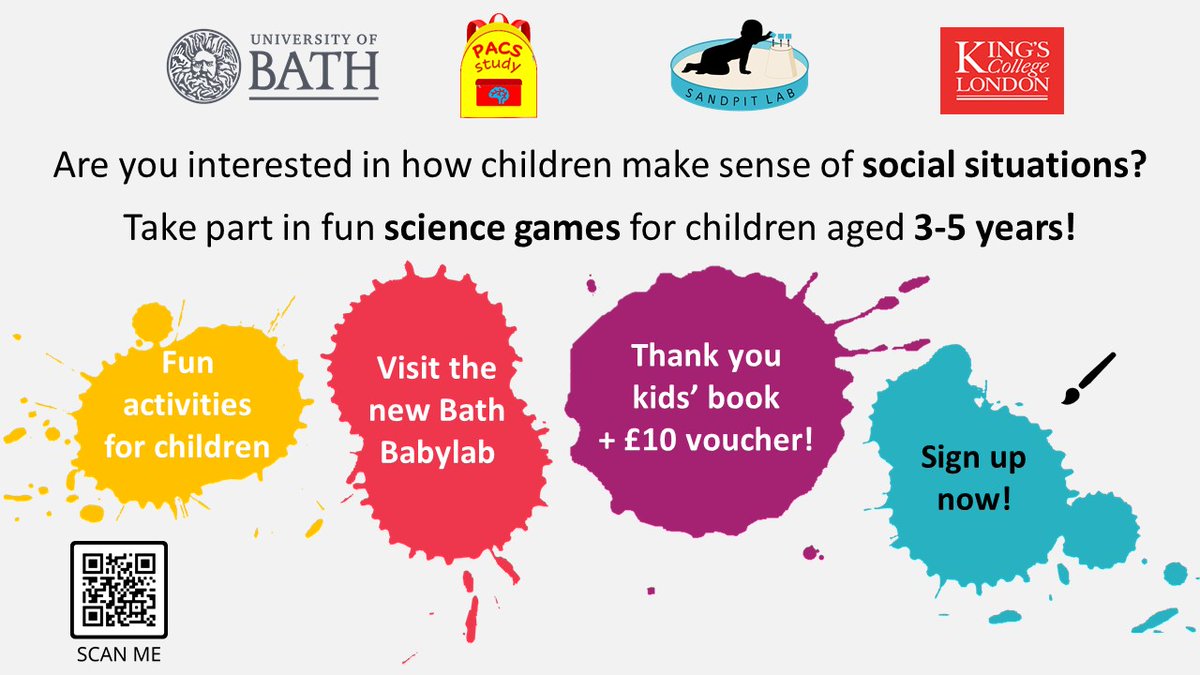 Are you the parent of a child aged 3-5 years? Do you live in or near Bath? Visit our brand new Bath Babylab <a href="/UniofBath/">University of Bath</a> <a href="/BathPsychology/">Psychology at Bath</a> and take part in our study! Fun activities🧠💻🙉 for kids + a £10 voucher for taking part. Sign up here: redcap.bath.ac.uk/surveys/?s=PAW… Please retweet!