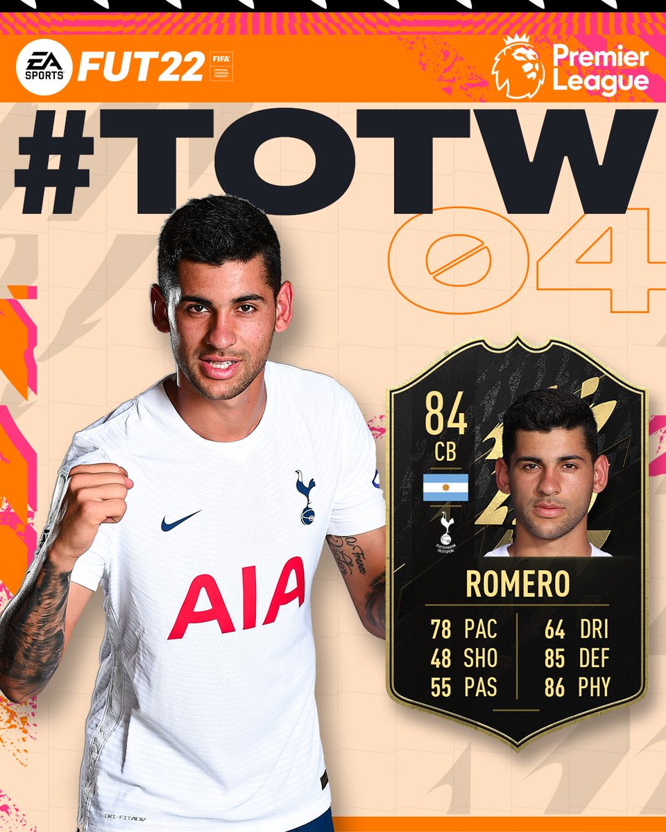 Romero's TOTW card is rated 84 with 78 pace, 48 shooting, 55 passing, 64 dribbling, 85 defending and 86 physical.