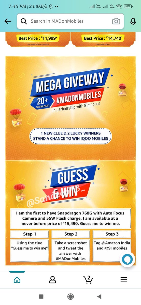 Sandeep13_'s tweet image. Clue - Guess me to win me

Answer) iQOO Z3 5G 

#MADonMobiles
#AmazonMADDealsOnMobiles
@amazonIN @91mobiles