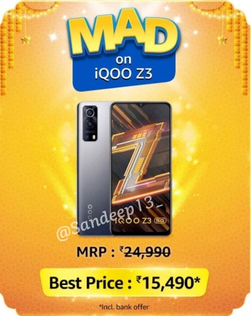 Sandeep13_'s tweet image. Clue - Guess me to win me

Answer) iQOO Z3 5G 

#MADonMobiles
#AmazonMADDealsOnMobiles
@amazonIN @91mobiles
