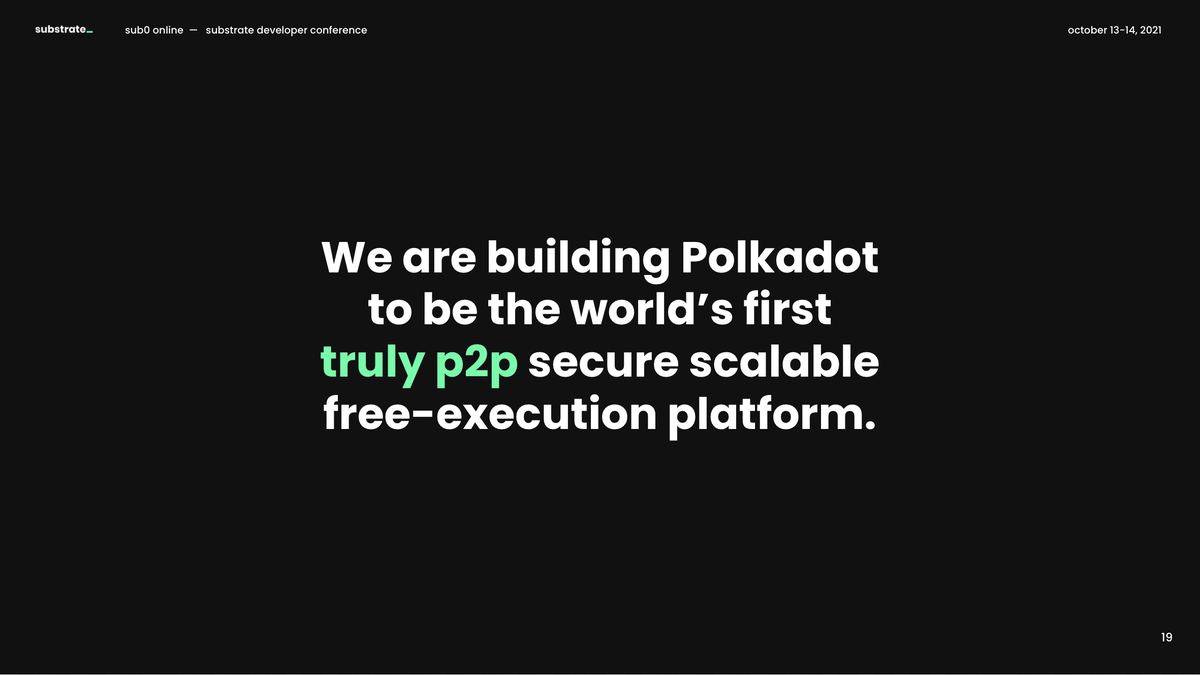 Polkadot's tweet photo. "We are building Polkadot to be the world's first truly p2p secure scalable free-execution platform." - Polkadot founder, @gavofyork 

Happening now at #Sub0: https://t.co/9j4cWkfpNi https://t.co/ISDyDm94Au