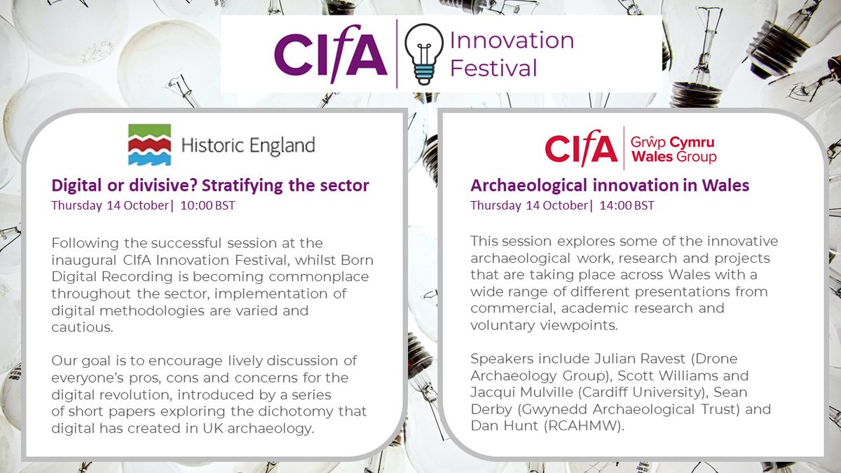 Tomorrow why not take part in some lively discussions about the digital revolution in archaeology with <a href="/HistoricEngland/">Historic England</a> and hear about the innovative archaeological work in Wales with <a href="/CIfA_Wales/">CIfA Wales Group</a> on day 4 of our #CIfAInnovation Festival bit.ly/3jTHSrU