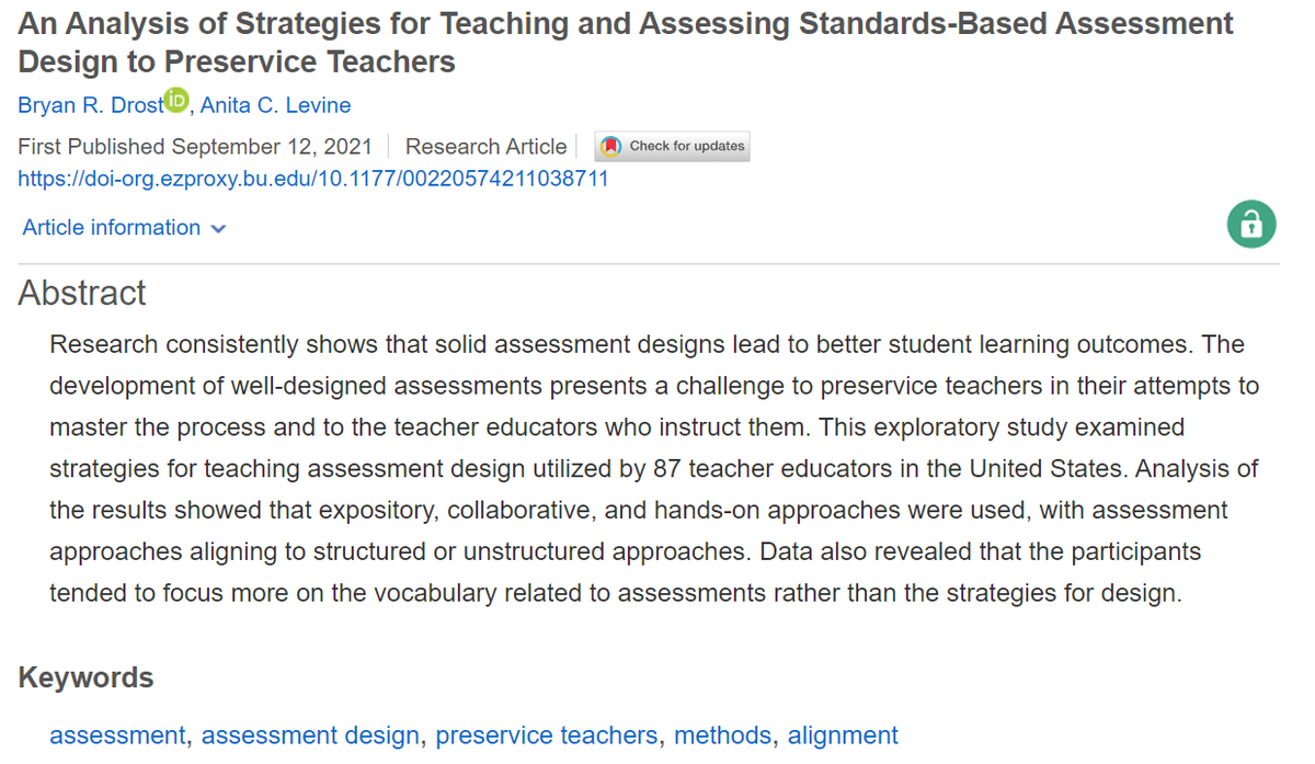 JournalofEd's tweet image. Developing solid assessments can often pose a challenge to pre-service teachers.  Read the most recent article in the Journal of Ed to learn how to do support teachers in doing this better.