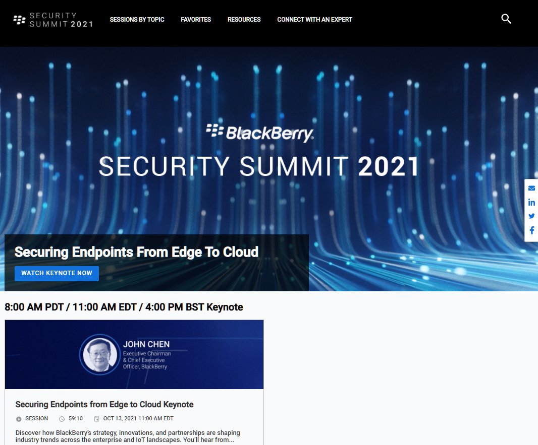 Welcome to BlackBerry Security Summit 2021! The virtual doors are now open! The next few hours will be packed with industry experts, BlackBerry innovations, and the latest threat intelligence. Grab a seat and join the conversation #BBSS21

Not registered? bddy.me/3oZuqpm