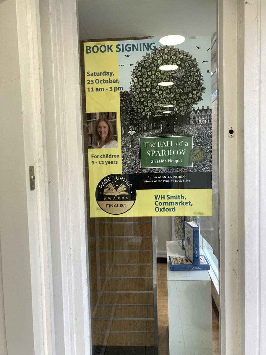 GriseldaHeppel's tweet photo. Can’t resist sharing this gorgeous poster in window of @WHSmith Cornmarket Oxford, for my book signing on Saturday, 23 October, 11 am - 3 pm. Come and say hello 😊 NB on ground floor, not upstairs in book department. https://t.co/EDJpQCF6yd