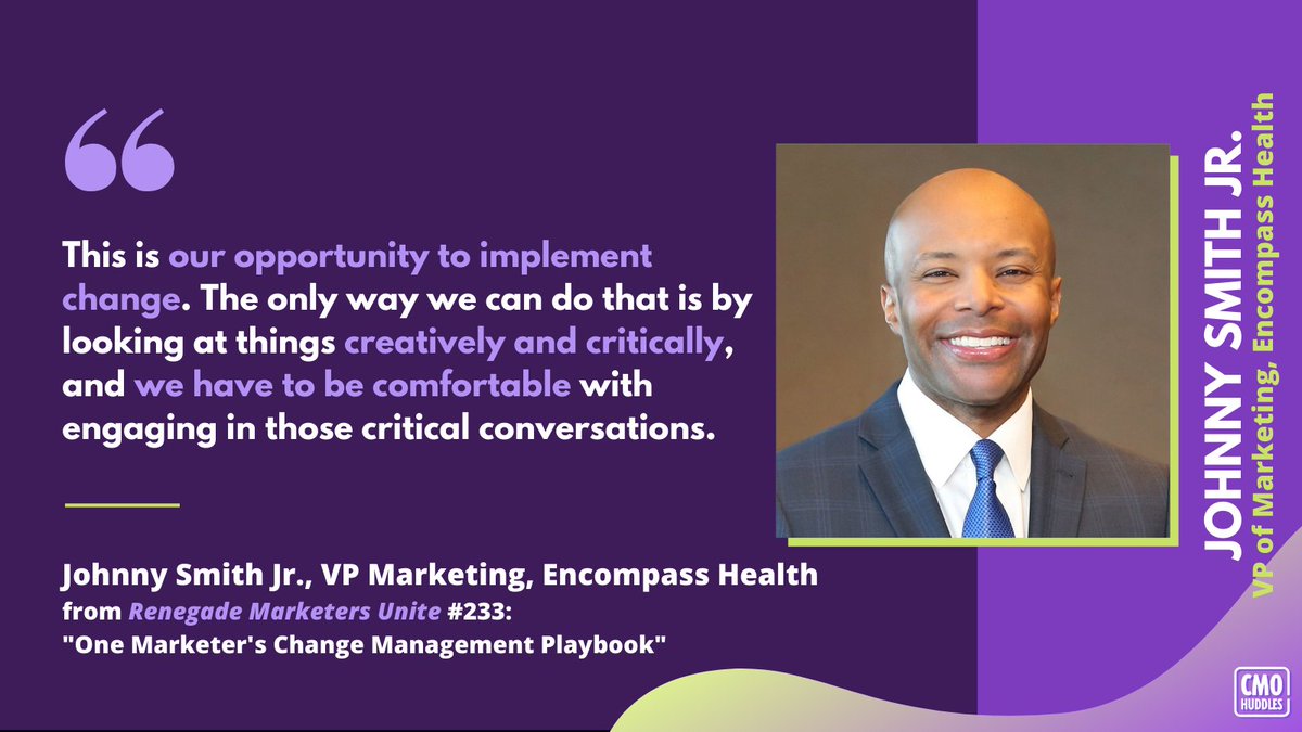 Change is good! But how do you lead a marketing team to impactful change? This week’s #WednesdayWisdom from <a href="/johnnysmithjr/">Johnny Smith Jr.</a> of <a href="/encompasshealth/">Kris Pollack</a> speaks to aligning purpose, accountability, &amp; determination to pioneer change!

Full #RMU, here ➡️bit.ly/3w2GQOq