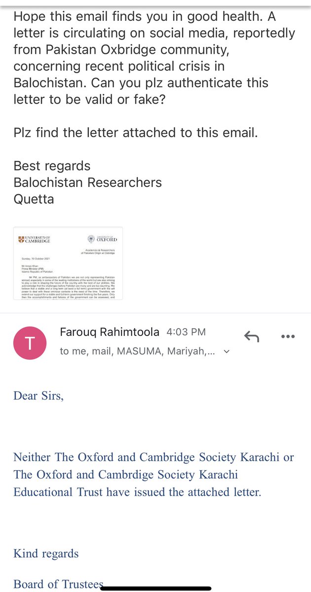 ArbaabBaloch's tweet photo. The Oxford &amp; Cambridge (Oxbridge) Society of Pakistan has officially confirmed this letter to be a fake and fraudulent. @Cambridge_Uni @UniofOxford @ZahoorBuledi @LiaquatShahwani @ShahidRind @ImranKhanPTI https://t.co/rnW71q0gCc