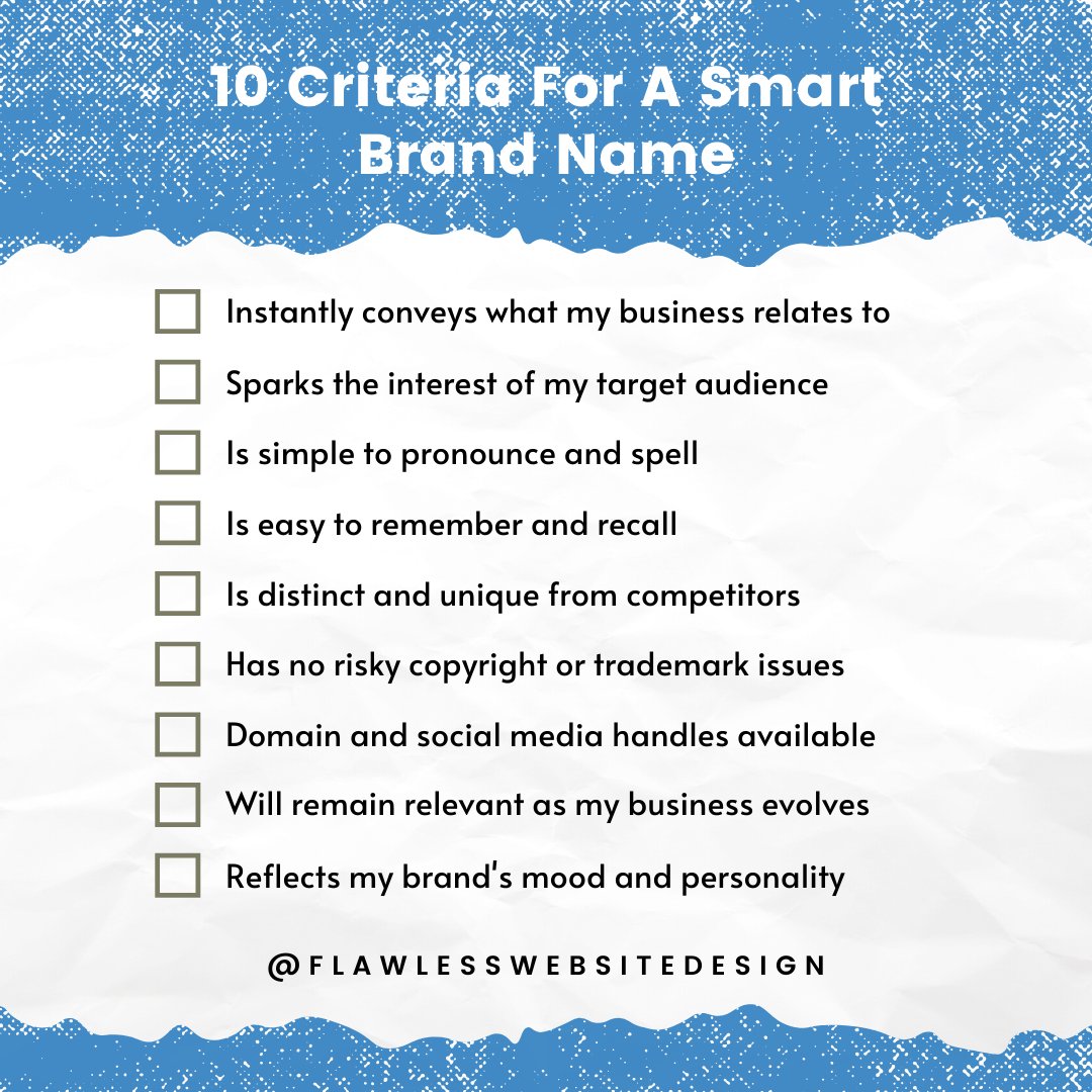 _flawlessdesign's tweet photo. One of the most important first steps in starting a business is choosing your name. After all, your name represents the impression of the brand.
Here is a checklist of 10 things to think about when brainstorming your brand name. 💭
#flawlesswebsitedesig... https://t.co/p2lc65jBMo