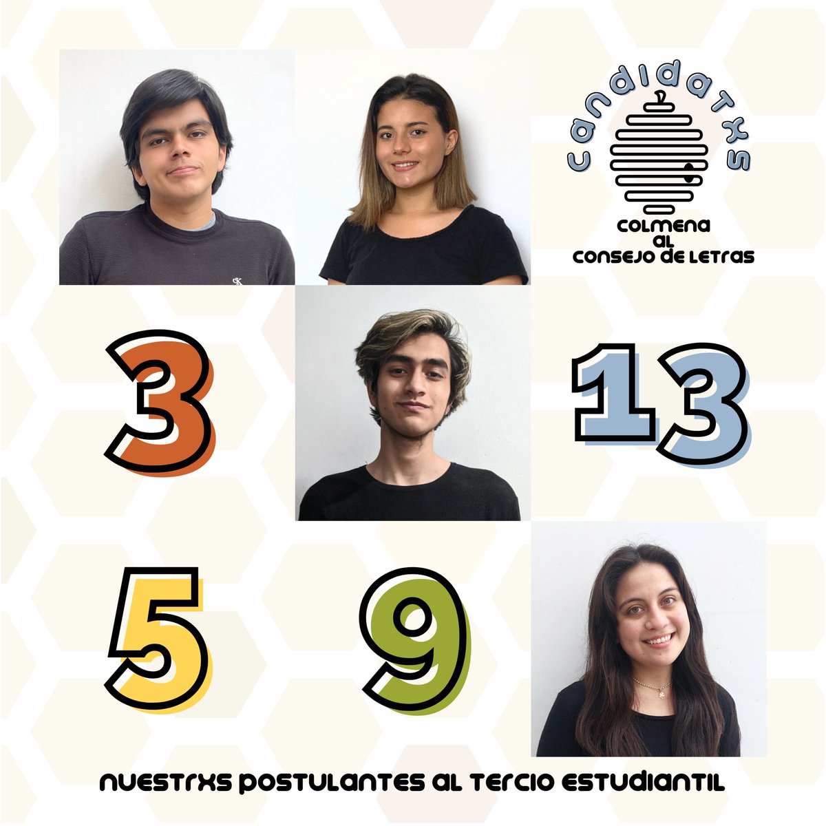 Somos_Colmena's tweet photo. Nuestrxs postulantes fueron lxs elegidxs después de unas arduas #EleccionesInternas. Confiamos en sus habilidades, honestidad y aptitudes para representarnos a todxs como parte del Tercio Estudiantil.

#YoVotoColmena 🐝 https://t.co/zcjKAxyZwl