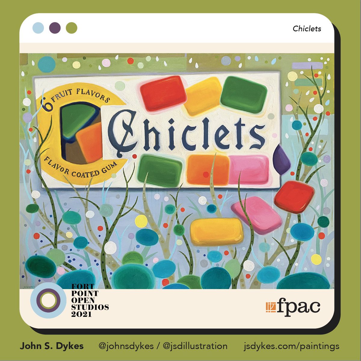 OPEN STUDIOS FEATURED ARTIST: John S. Dykes 
Always in love with the colorful world of <a href="/jsdillustration/">John S. Dykes</a> Check all of his works out at #FPOS🙌 Here’s “Chiclets” (2021) as a sneak peek🎨

October 15–17, 2021
fortpointos.org

See more by John at jsdykes.com/paintings
