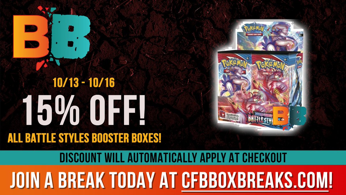 CFBBoxBreaks's tweet photo. Good morning, Everyone! All Battle Styles Booster Boxes on our website are 15% off through 9pm PST on Saturday Oct 16!!! https://t.co/t5RCFtxWzs https://t.co/temIMPkcZz